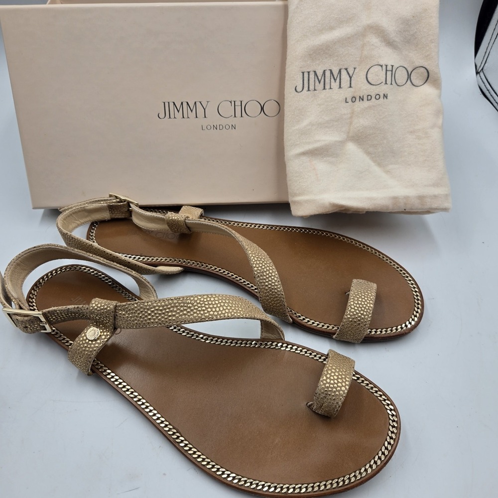 Jimmy Choo Womens 38.5 Chain Flat Sandals Gold Spotted Brown Leather Boho Resort